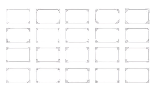 Minimal decorative rectangle frame vector set with vintage ornamental corner borders and thin elegant line design for invitations isolated on white background
