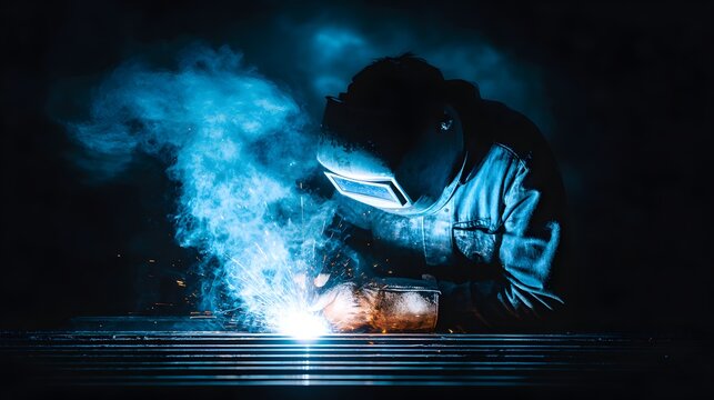Industrial Welder in Protective Gear Working with Bright Arc and Sparks
