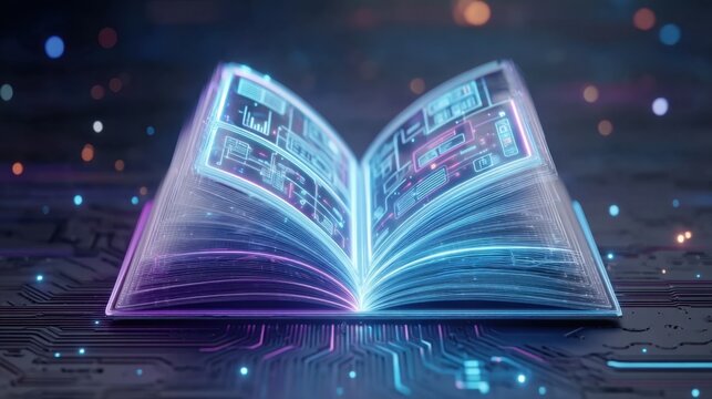 Vibrant Digital Illustration of an Open Book with Glowing Pages and Circuit Patterns for Modern Technology Themes