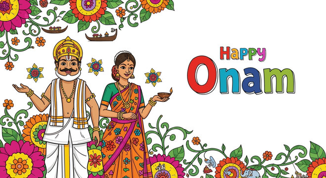 Happy Onam Festival Greeting with Traditional Indian Couple and Floral Border