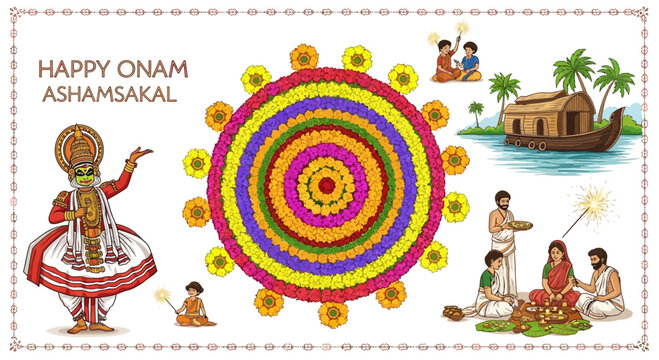 Happy Onam Festival Celebration with Kathakali Dancer, Pookalam, Boat, and Family