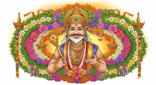 Lord Kubera, God of Wealth, Holding Mace, Surrounded by Flowers and Elephants