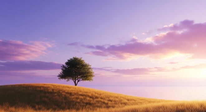 A serene landscape of a tree standing alone on a hill during sunset.