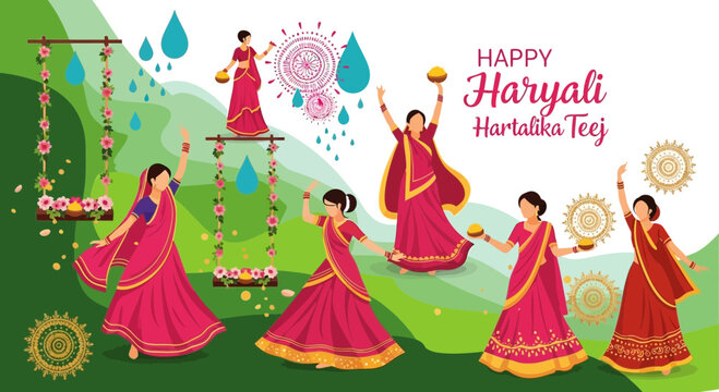 Happy Hariyali Teej Festival Celebration: Women in Traditional Indian Attire Dancing and Swinging