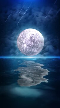 Moonlight River Water Night Landscape Full Moon Horizon. Amazing night landscape of the bright full moon reflecting on the river water. Tranquil Nature Scene for Meditation, Backgrounds, o