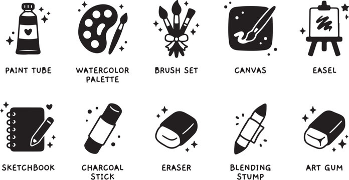 Watercolor painting supplies with brushes canvas palette and sketchbook on white background paint tube
