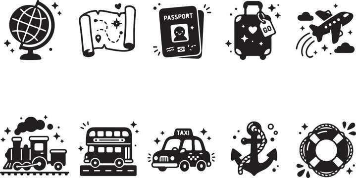 Travel essentials flat lay with passport tickets luggage and camera on white background