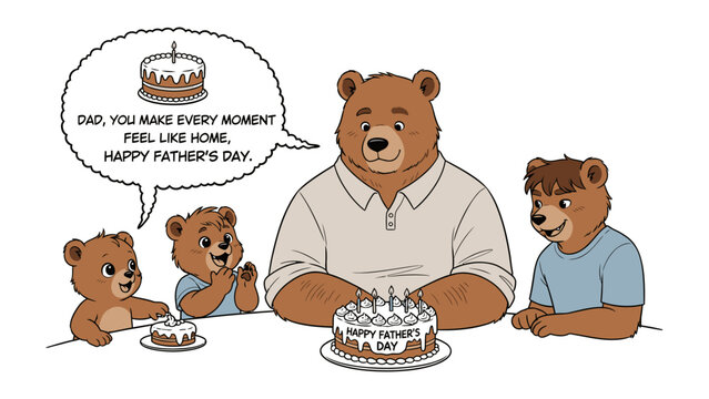 Father's Day Celebration with Bears: A heartwarming illustration of a bear family celebrating Father's Day, featuring a father bear and his three cubs gathered around a cake.