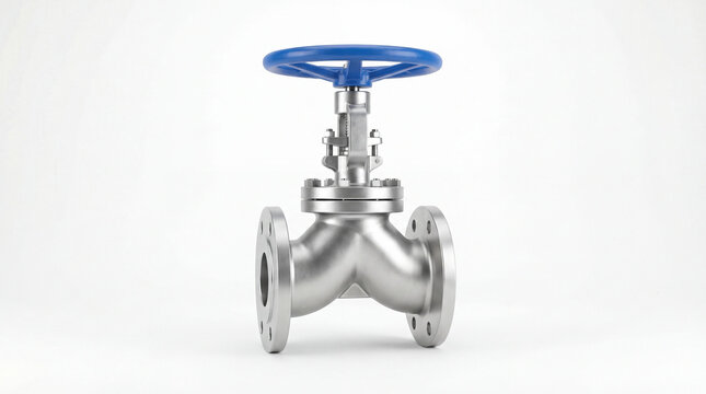 High-quality stainless steel globe valve with a blue handwheel, essential for industrial fluid control systems, isolated on white background
