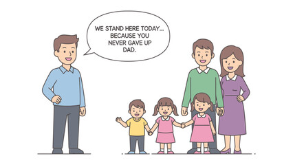 Family Tribute: A family stands united, their faces beaming with love and appreciation, as a son shares a touching tribute with the father. © Rahimatul