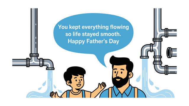 Happy Father's Day Plumbing: A heartwarming illustration of a father and son with a pipe system symbolizing the father's support and care, perfect for Father's Day.