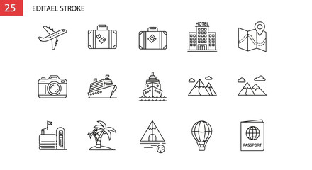 Fototapeta premium Travel Icons Set: Airplane, Suitcase, Hotel, Map, Camera, Ship, Mountains, Passport