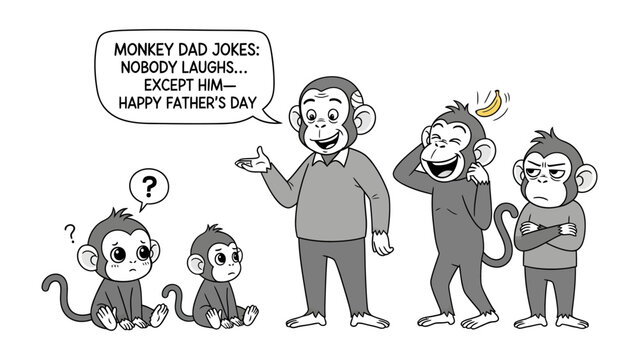 Monkey Family Father's Day: A comical illustration of a monkey family, humorously reacting to a dad joke, emphasizing the theme of Father's Day. 