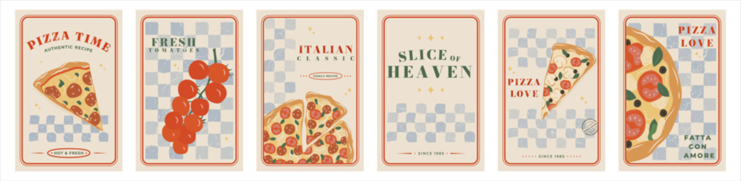 Set of pizza posters on a vintage checkered background. Retro typographic food advertising for a pizzeria. Illustration of a classic Italian dish with a tomato and slice for a restaurant-cafe menu.