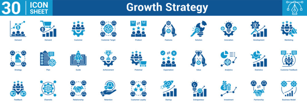 Growth Strategy editable icon set vector illustration concept for business with icon of Demand, Demand, Customer, Customer Target, Product, Features, Solution, Innovation, Development, Marketing.