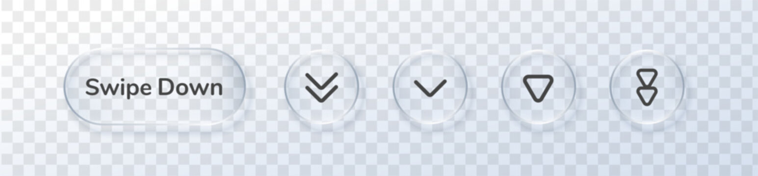 Modern swipe arrow buttons with glassmorphism effect for UI design. Minimalist interface icons featuring transparent glass elements and directional symbols for apps.