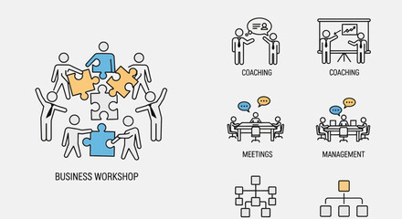 Fototapeta premium Business workshop team collaboration with puzzle pieces, coaching, meetings, management icons