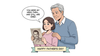 Father's Day Sentiment: A heartwarming moment unfolds as a daughter gazes upon a cherished photograph of her father in his youth. Her elderly father stands beside her, his arm gently around her. © Azizun