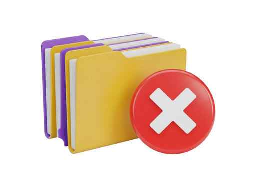3d icon of stack of yellow and purple folders with a red cross symbol isolated on white isolated on transparent background