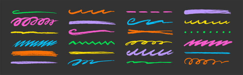 Line color brush crayon set. Underline brush crayon hand drawn pencil pen stroke marker color..Kid children doodle scribble wavy squiggle highlight texture grunge background. Vector illustration.