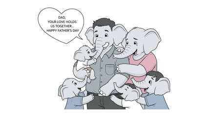 Happy Father's Day from the Elephant Family: An endearing illustration celebrates Father's Day with a family of elephants, expressing love and togetherness with a heart-warming message. © Rahimatul