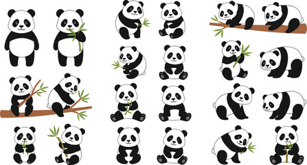 Cute panda cartoon set with bamboo eating bears and kawaii animal characters vector illustration © Yevhenii creative