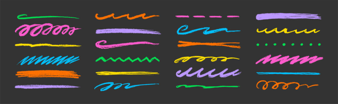 Line color brush crayon set. Underline brush crayon hand drawn pencil pen stroke marker color..Kid children doodle scribble wavy squiggle highlight texture grunge background. Vector illustration.