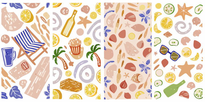 Colorful summer pattern featuring beach items and citrus fruit illustrations