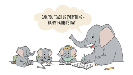 Father's Day Learning: An animated elephant father guiding his little ones in a classroom setting, celebrating the bond between father and child on Father's Day.  © Atiya