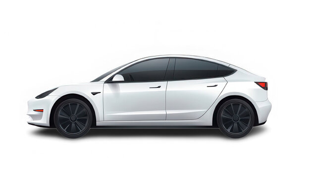 A sleek white Tesla Model 3 is shown in a studio setting with a black background