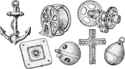 Vintage nautical and religious artifacts a collection of hand drawn historical relics and symbols © Graphicslover