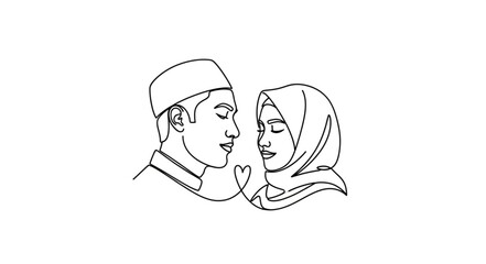 Obraz premium Muslim couple in love, minimalist line art, romantic illustration.