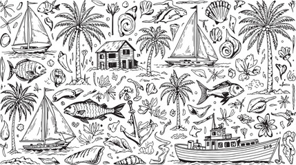 Tropical island scene in intricate black and white sketch style © Graphicslover