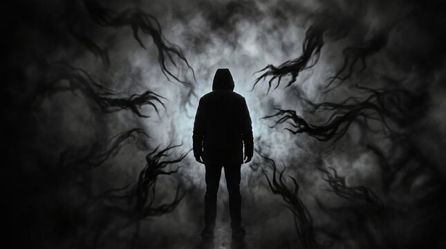 Dark silhouette of a hooded figure surrounded by creepy shadowy hands and smoke in a mysterious atmosphere with paranoia