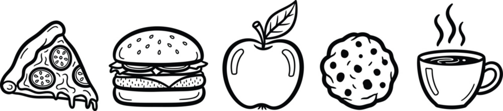 Hand drawn food illustrations a collection of pizza burger apple cookie and coffee sketches