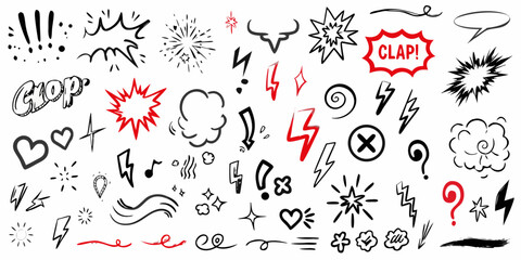 Collection of hand drawn comic book style speech bubbles and action effects © Hridoy