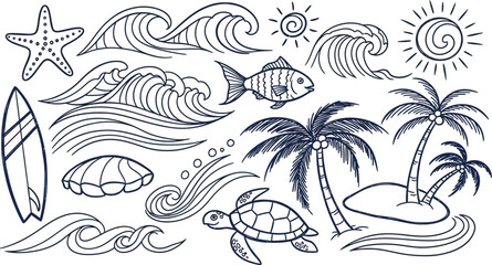 Obraz premium Whimsical beach illustration a hand drawn collection of tropical elements evoking a relaxing seaside atmosphere