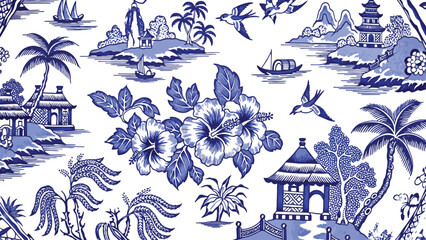 Intricate blue and white willow pattern fabric design with asian landscape motifs © Graphicslover