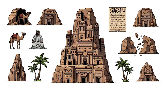 Ancient desert structures depict historical rock carvings and stone.