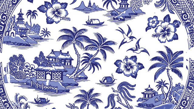 Classic blue and white willow pattern fabric a detailed oriental scenery repeat design