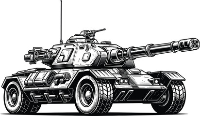 Detailed black and white sketch of a modern battle tank showcasing its powerful weaponry and robust design © Graphicslover