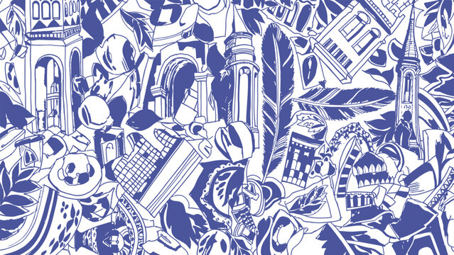 Intricate blue and white willow pattern porcelain design a detailed and ornamental ceramic illustration