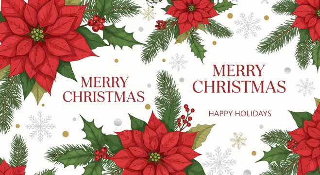 Merry Christmas Poinsettia Flowers and Pine Branches, Festive Holiday Greeting Card