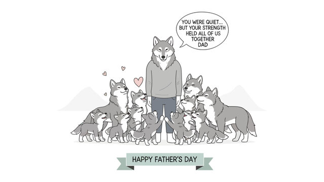 Father's Day Dedication: A heartwarming cartoon portrays a father wolf surrounded by his cubs. Expressing the message of strength and togetherness. The image evokes a sense of family and love.