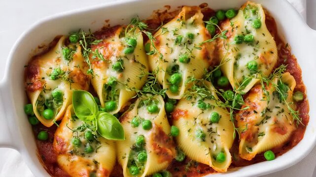 Creamy stuffed pasta with mint and peas served on a plate