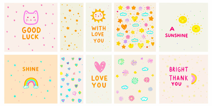 Collection of colorful illustrated cards with positive messages and designs