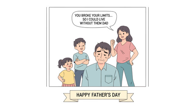 Father's Day Cartoon: A poignant family portrait, a father stands somberly amidst his family, framed by a banner celebrating Father's Day, illustrating both appreciation and contemplation.
