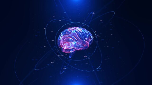 Digital brain with glowing blue neural connections on dark background. Represents AI, machine learning, technology, intelligence, innovation, network, data flow. Ideal for science, computing, future