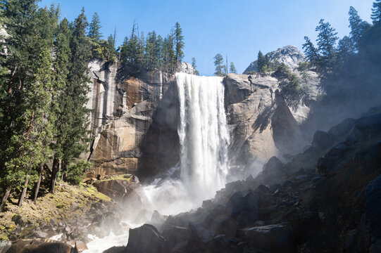 Vernal Falls viewed from Mist Trail in Yosemite National Park on sunny day