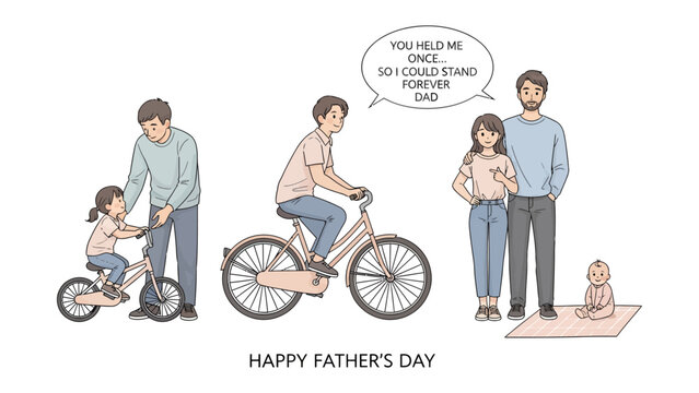 Father's Day Memories: A heartwarming illustration captures cherished moments between a father and their children, showcasing the journey of love and support, from early steps to shared adventures.